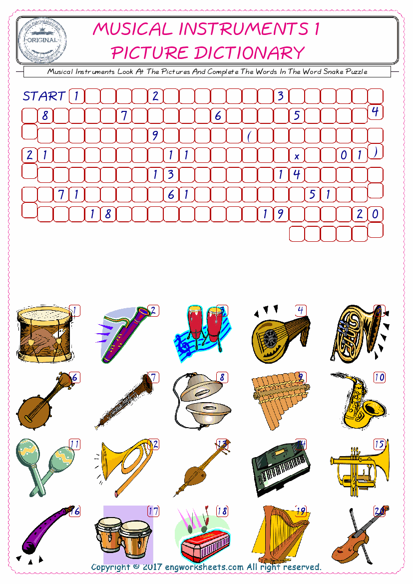  Check the Illustrations of Musical Instruments english worksheets for kids, and Supply the Missing Words in the Word Snake Puzzle ESL play. 